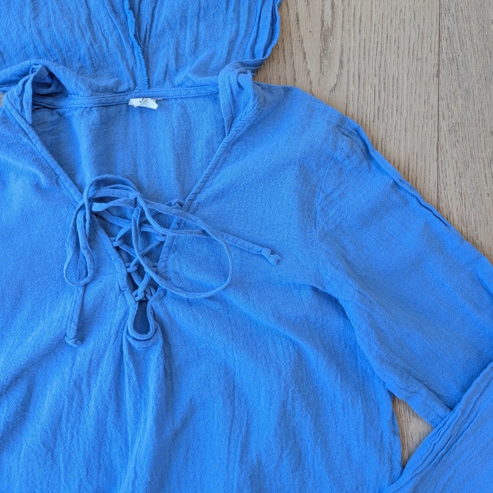LAGACI Blue Cotton Gauze Lace Up Hoodie Tunic Top XL TG Striped Hem Casual Beach - Picture 2 of 7